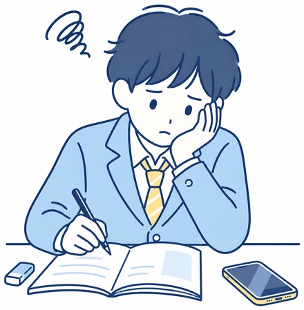 家で一人で勉強に集中できず悩む男子生徒のイラスト